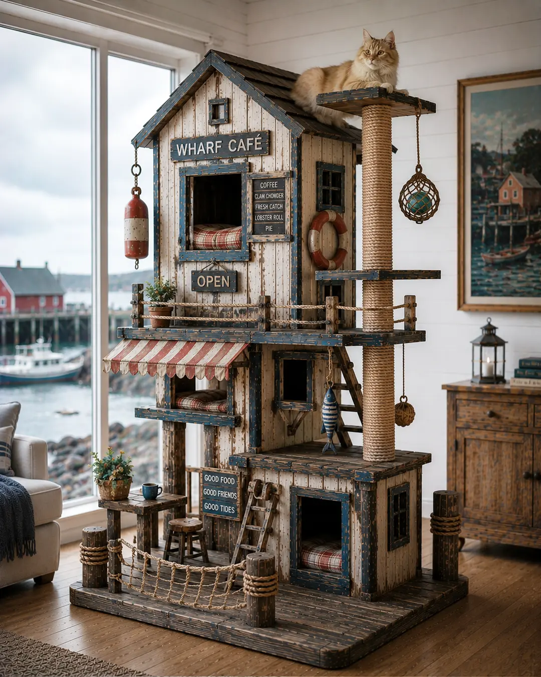 Maritime wharf café-inspired luxury cat tree with cozy hideaways, climbing platforms, scratching posts, and handcrafted seaside charm for curious cats.