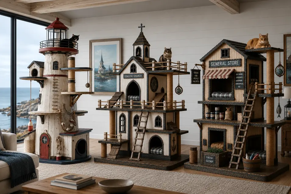 Three handcrafted luxury coastal cat trees—a lighthouse, seaside church, and vintage general store—displayed in a bright designer home with curious cats.