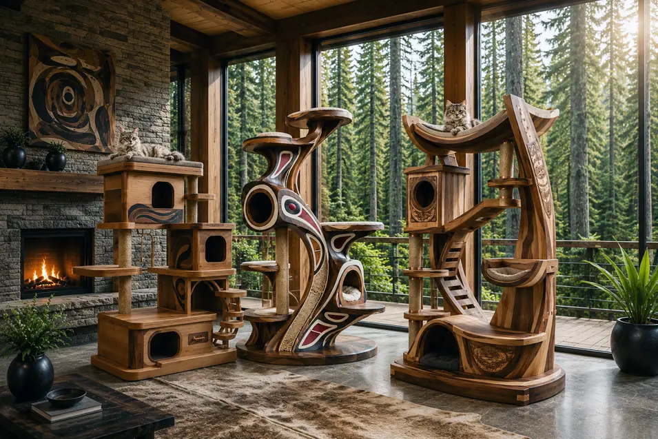 Three handcrafted Northwest Coast-inspired luxury cat trees showcased together in a stunning West Coast cedar home overlooking an ancient forest.