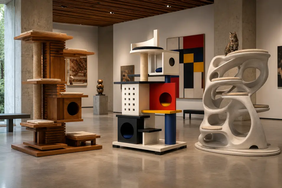 Three architect-inspired luxury cat trees displayed as sculptural art in a modern gallery, blending craftsmanship, bold design, and feline functionality.