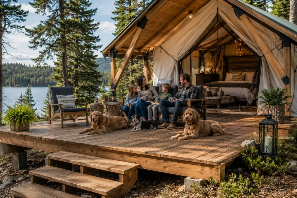 Family enjoying a luxury cedar platform glamping tent with three dogs, spacious deck and peaceful lakeside forest views.