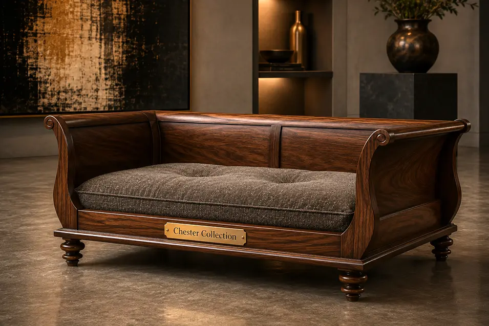 Luxury sleigh-style walnut dog bed with handcrafted detailing, turned legs and a plush taupe cushion, blending timeless elegance with fine craftsmanship.