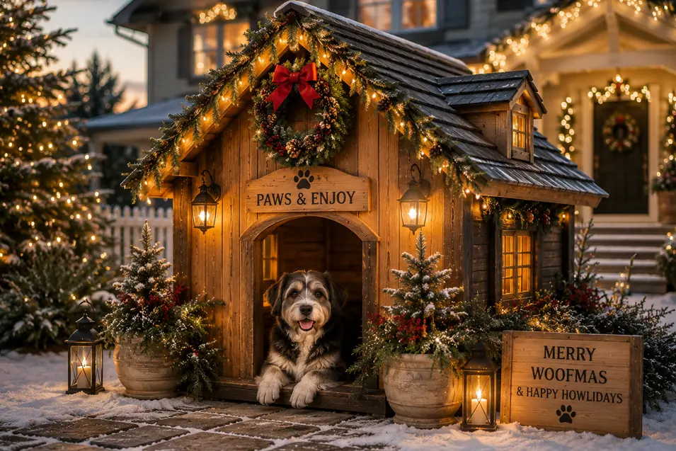 Cozy Christmas cabin dog house with festive lights, wreaths and snowy charm, featuring an adorable fluffy mixed-breed dog ready for the holidays.
