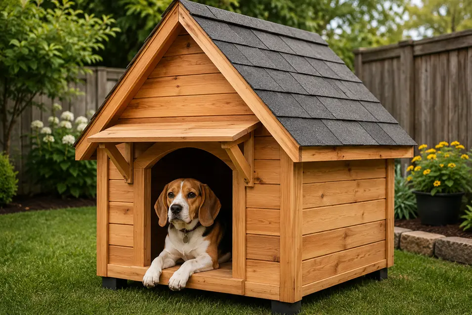 Classic cedar A-frame dog house with a shingled roof and covered porch, featuring a relaxed Beagle in a beautifully landscaped backyard.