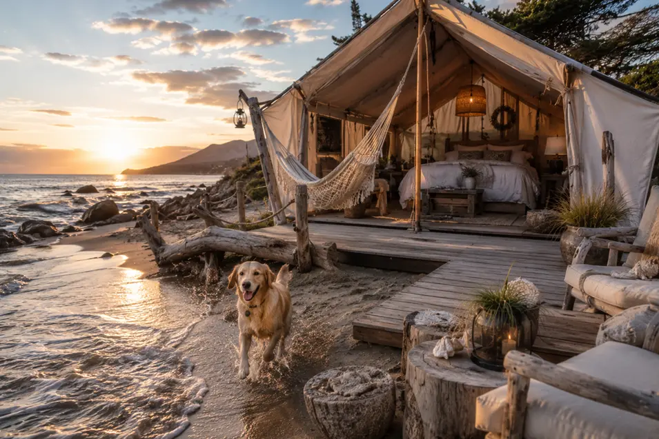 Coastal beach glamping with a luxury canvas tent, driftwood deck, hammock and a happy Golden Retriever playing along the shoreline at sunset.