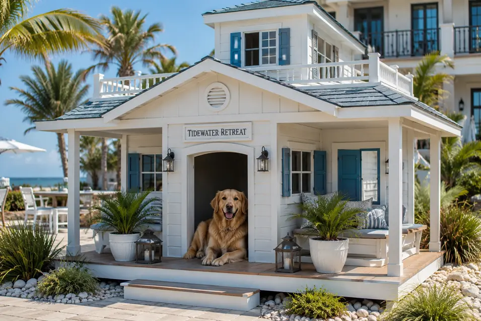 Luxury coastal beach dog mansion with white siding, blue shutters, wide porch, and a happy Golden Retriever relaxing by the ocean.