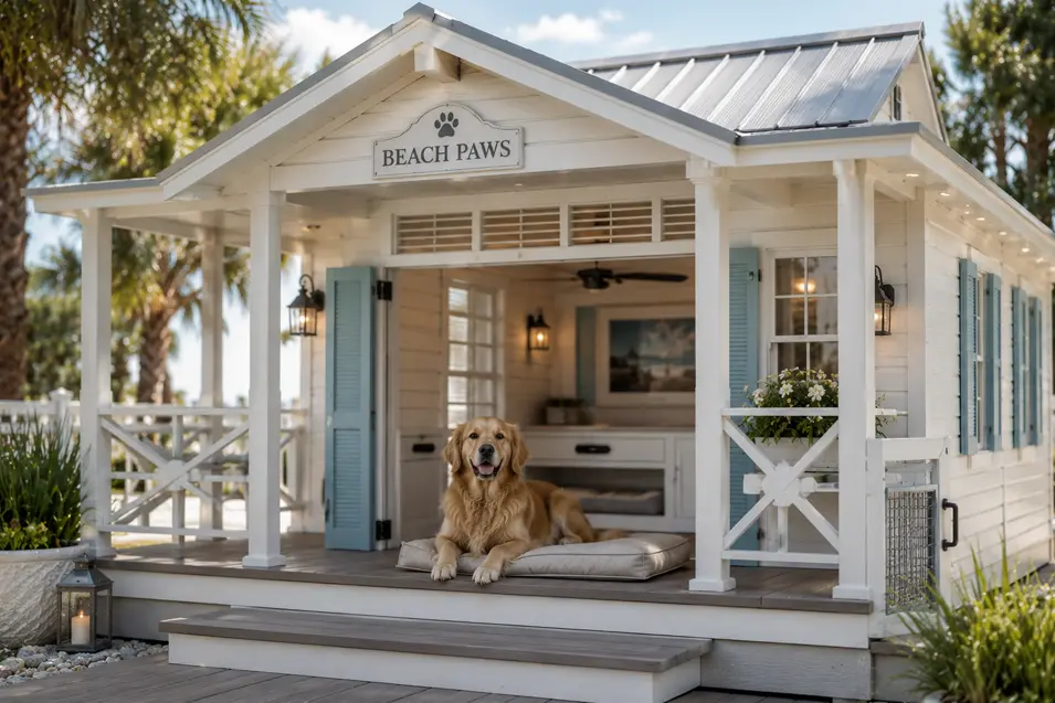 Luxury coastal dog house with white siding, blue shutters, covered veranda, and a Golden Retriever relaxing on a sunny porch.