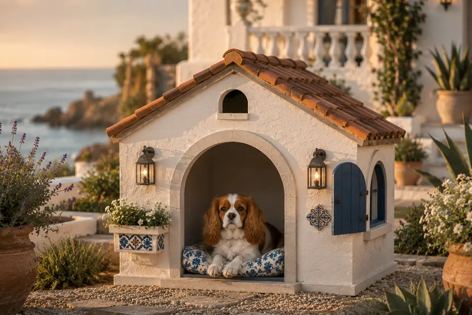 Mediterranean-style dog house with white stucco, terracotta roof and blue shutters, featuring a Cavalier King Charles Spaniel by the seaside.