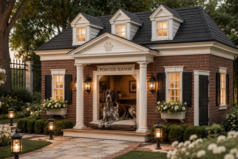 Luxury Colonial estate dog house with brick exterior, elegant columns, symmetrical windows, and a German Shorthaired Pointer relaxing inside.