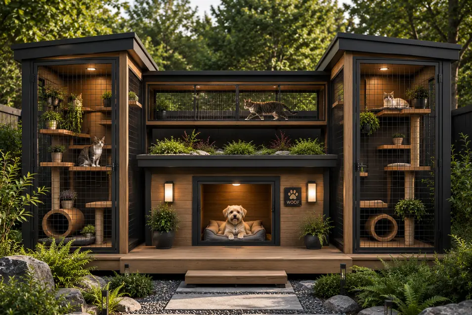 Modern cube-style pet retreat with a central dog house, dual enclosed catios connected overhead, climbing shelves and sleek contemporary architecture.