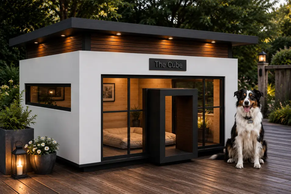 Modern luxury dog house called "The Cube" with sleek architecture, wraparound windows, warm wood accents, and a cozy interior beside a happy Australian Shepherd.