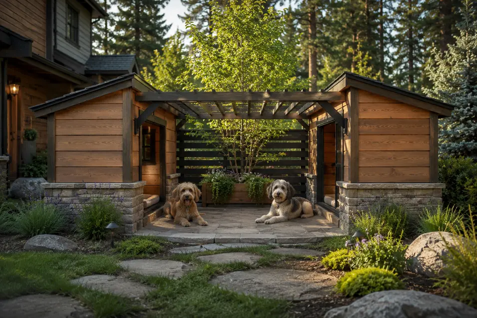 Courtyard-style double dog house with two private cabins around a shared patio, surrounded by lush landscaping and two happy mixed-breed dogs.
