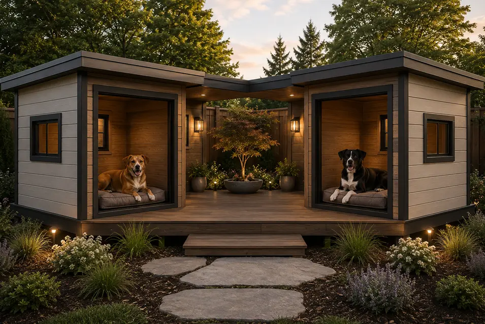 Modern courtyard dog house for two medium mixed-breed dogs with private sleeping rooms opening to a shared central patio in a beautifully landscaped backyard.