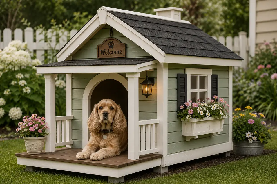 Charming cottage-style dog house with flower boxes, shutters and a cozy porch, featuring a happy Cocker Spaniel in a beautifully landscaped backyard.