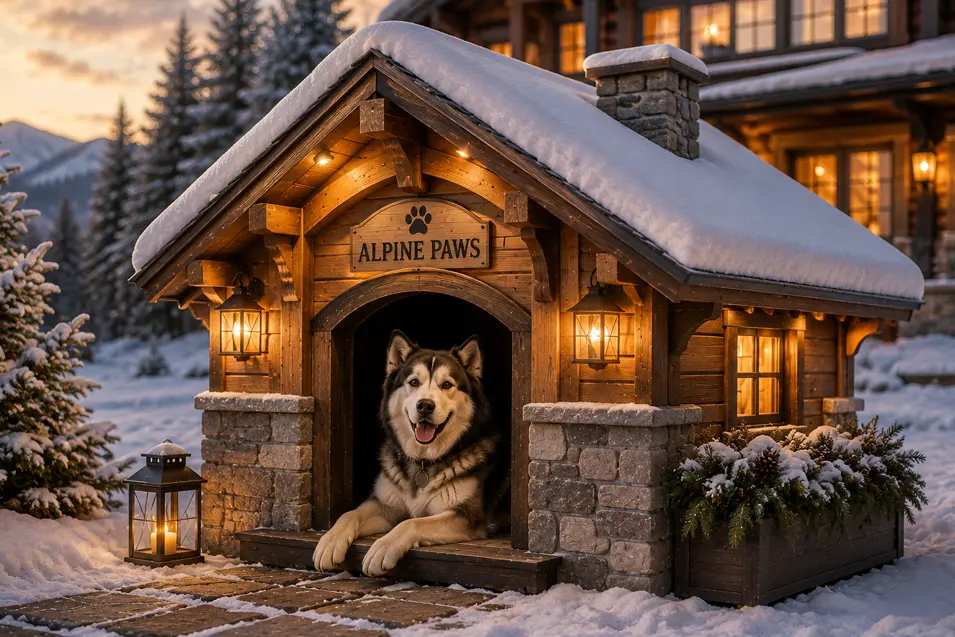 Cozy alpine lodge dog house with stone accents, warm lanterns and a snowy roof, featuring a majestic Alaskan Malamute in a winter mountain setting.