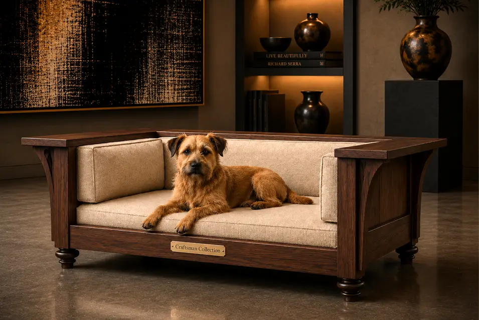 Luxury dark walnut dog bed with plush cream cushions, blending Craftsman-inspired woodworking and modern elegance in a gallery-style interior.
