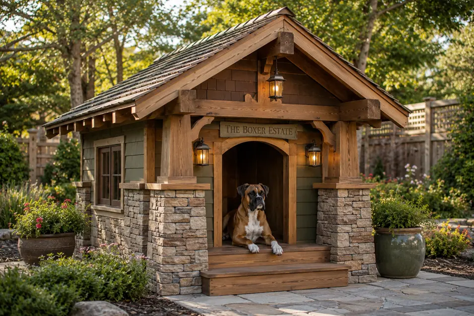 Luxury Craftsman estate dog house with cedar siding, stone columns, exposed rafters, and a handsome Boxer relaxing on the porch.