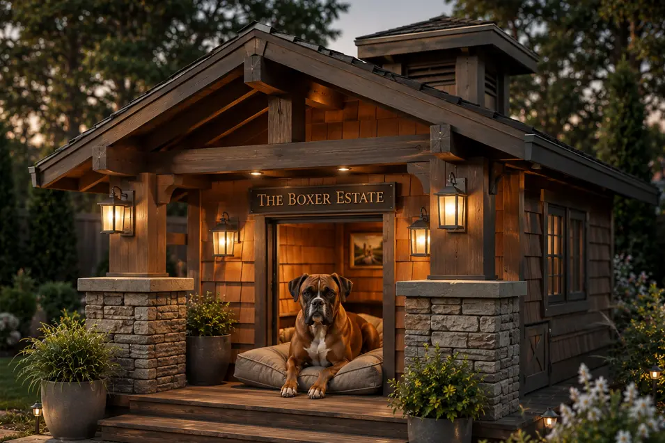Luxury Craftsman dog house with cedar siding, stone columns, exposed rafters, a wide porch, and a relaxed Boxer in a beautifully landscaped yard.