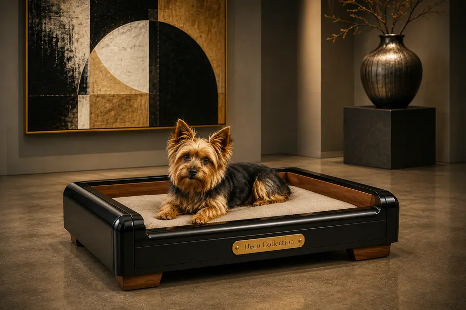 Luxury black and walnut dog bed with sleek modern lines, a plush cushion and premium craftsmanship, showcased in a sophisticated gallery-inspired space.