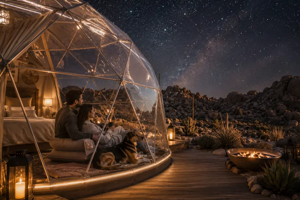 Couple and mixed-breed dog enjoying luxury desert dome glamping beneath a breathtaking star-filled sky with panoramic views and a cozy campfire.