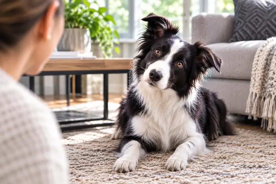 Border Collie responding attentively to its owner, illustrating how dogs learn to recognize and respond to their name through positive training.