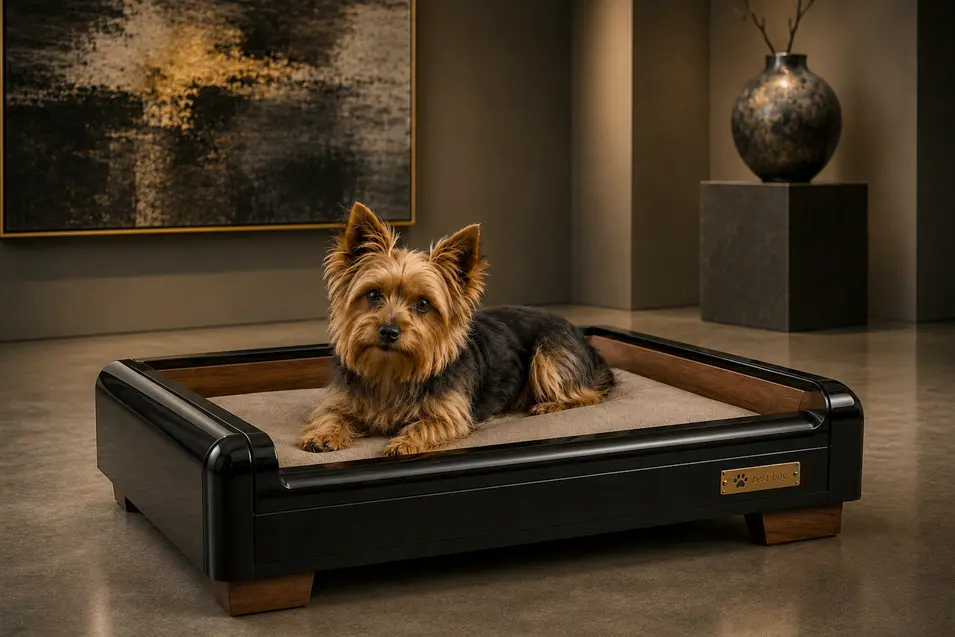 Luxury black and walnut dog bed with sleek modern lines, a plush cushion and premium craftsmanship, showcased in a sophisticated gallery-inspired space.