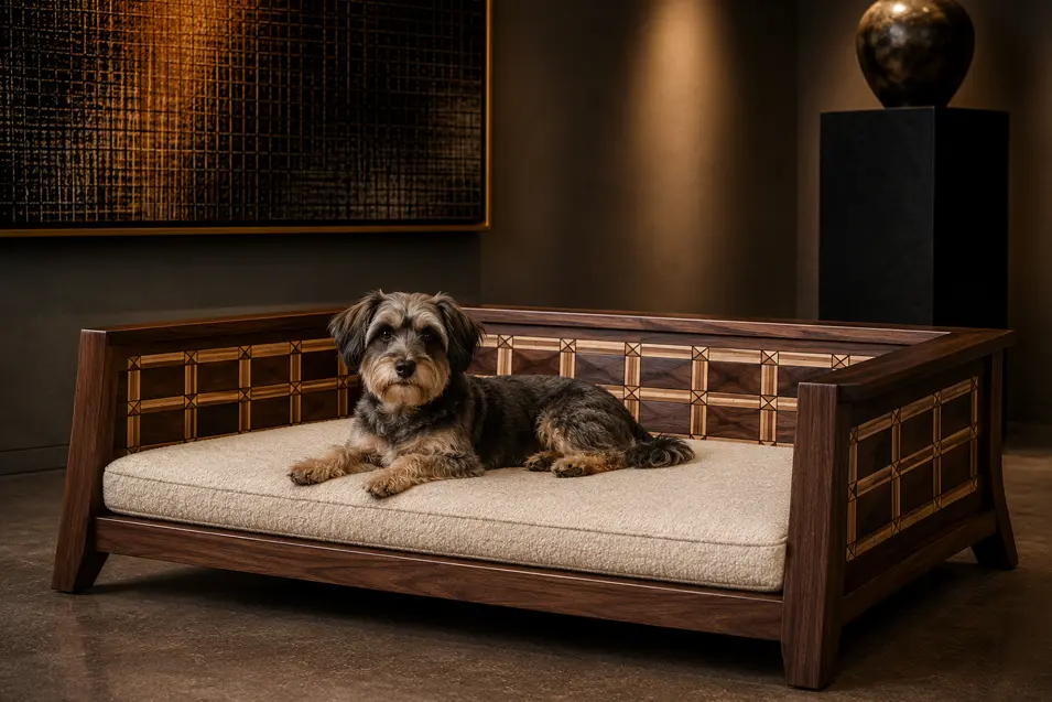 Luxury walnut dog bed with handcrafted geometric inlay, a plush cream cushion and Arts & Crafts-inspired elegance in a gallery-style setting.