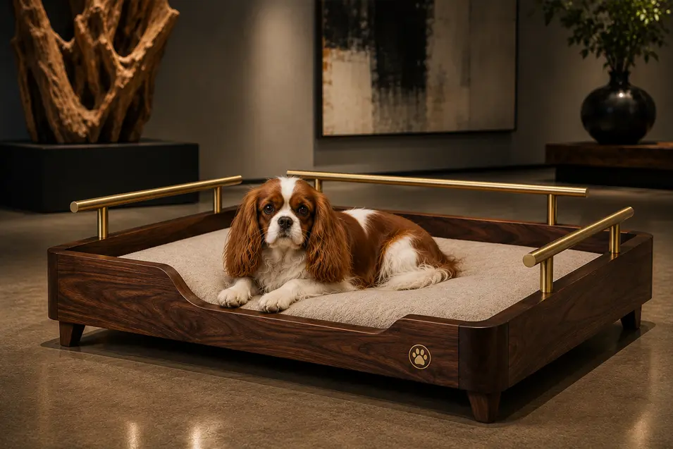 Luxury walnut dog bed with elegant brass rails and a plush cream cushion, combining modern sophistication with timeless craftsmanship.