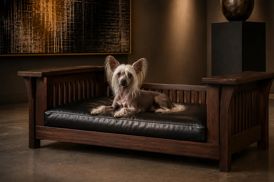 Luxury Mission-style walnut dog bed with elegant slatted sides, a premium black leather cushion and timeless handcrafted design.