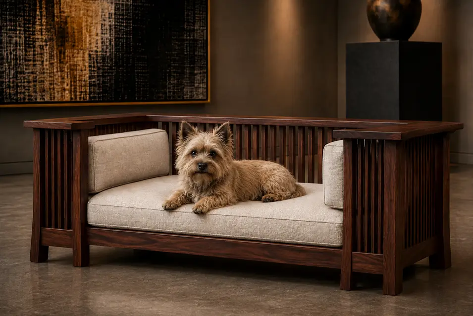 Luxury Mission-style walnut dog bed with elegant vertical slats, plush cream cushions and timeless handcrafted design in a gallery-inspired setting.