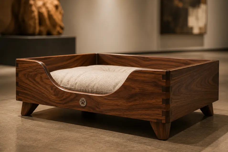 Luxury handcrafted walnut dog bed with elegant joinery, a plush cream cushion, and timeless modern design showcased in a gallery-inspired setting.