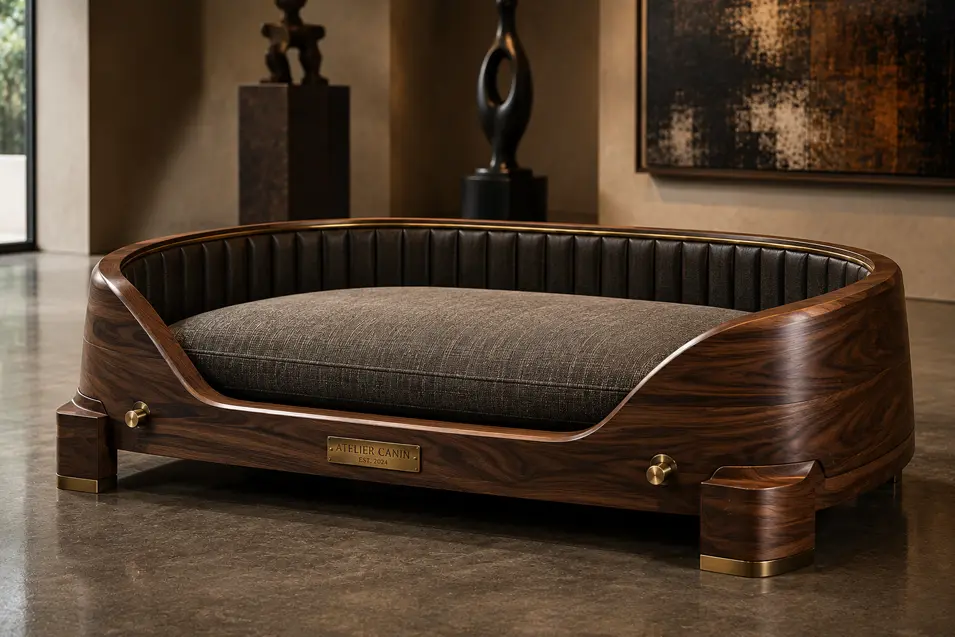 Luxury walnut dog bed with brass accents, quilted leather detailing and a plush charcoal cushion, blending Art Deco elegance with modern craftsmanship.