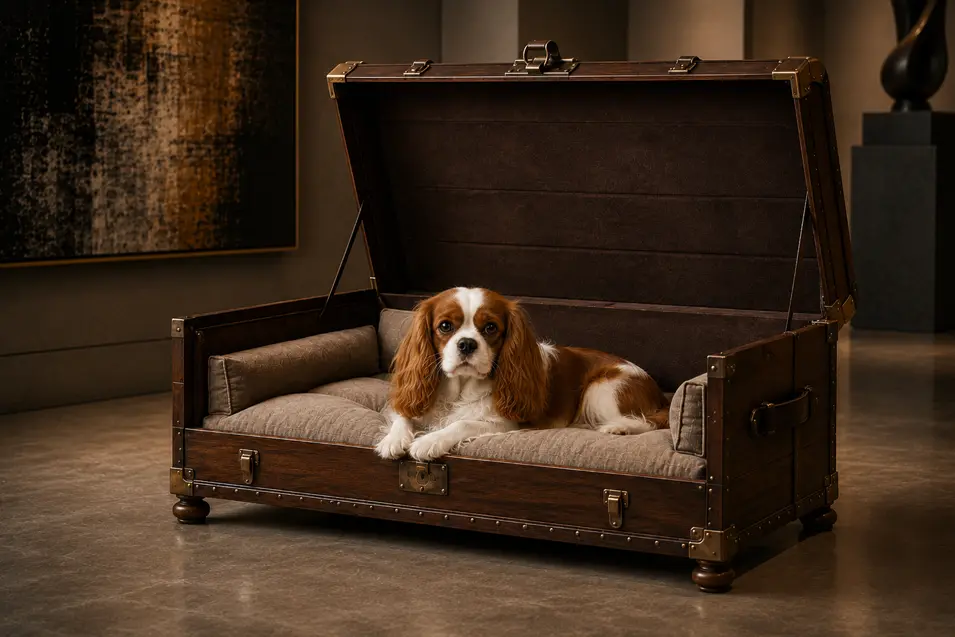 Luxury trunk-inspired walnut dog bed with brass hardware, hidden storage and plush cushions, blending vintage travel style with premium craftsmanship.