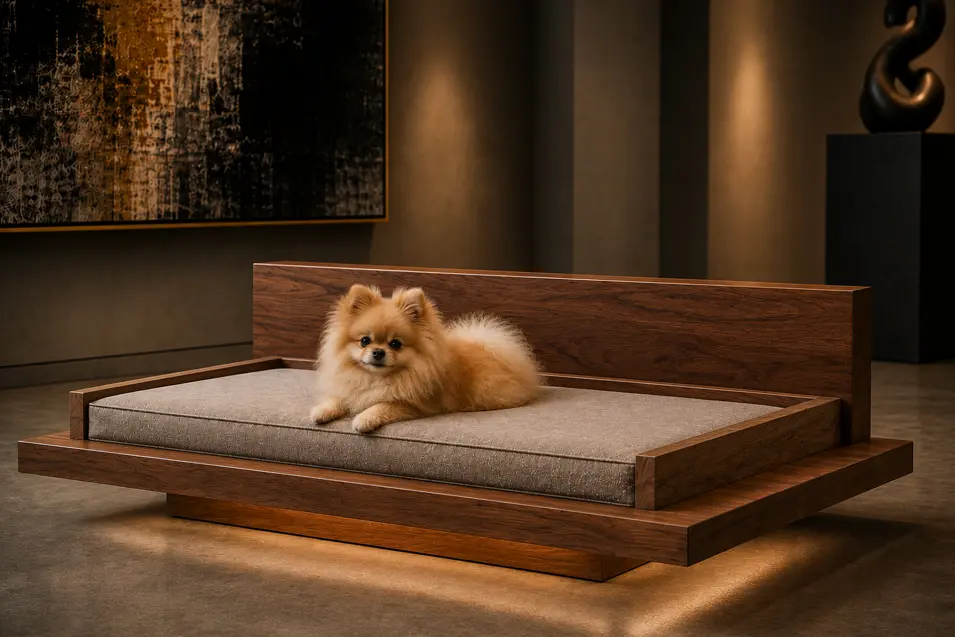 Luxury floating walnut platform dog bed with clean minimalist lines, a plush taupe cushion and contemporary gallery-inspired elegance.
