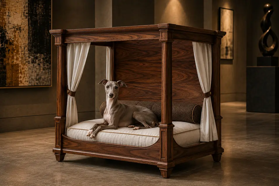 Luxury walnut dog bed with handcrafted geometric inlay, a plush cream cushion and Arts & Crafts-inspired elegance in a gallery-style setting.