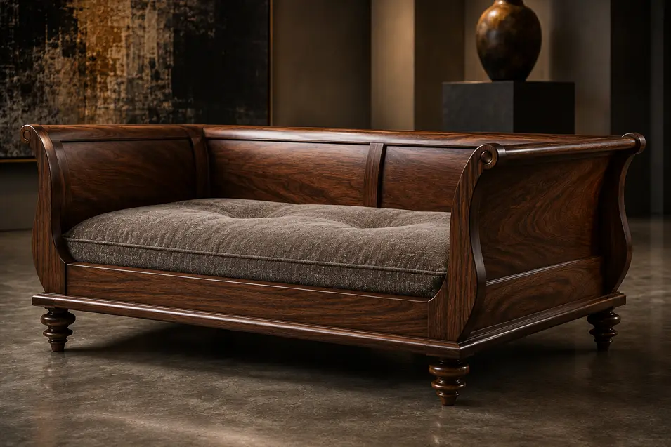 Luxury sleigh-style walnut dog bed with handcrafted detailing, turned legs and a plush taupe cushion, blending timeless elegance with fine craftsmanship.