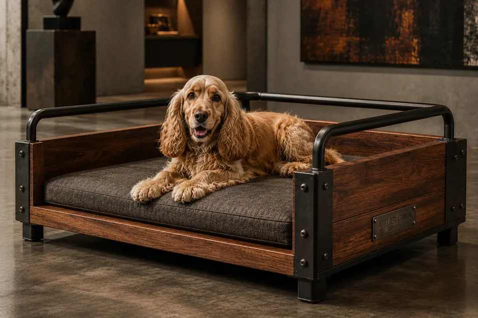 Luxury industrial-style walnut dog bed with black steel rails, a plush charcoal cushion and premium craftsmanship in a modern gallery-inspired space.