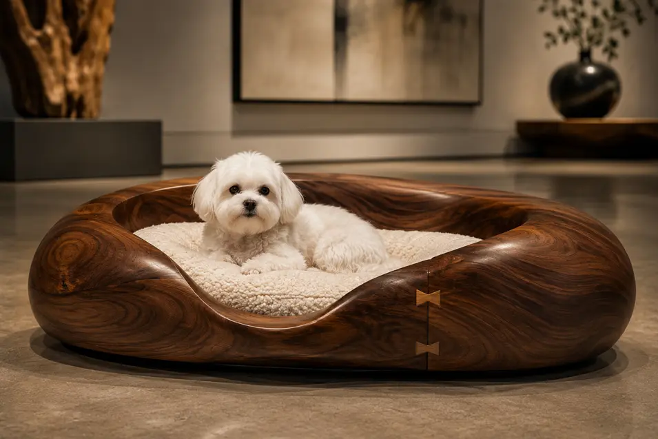 Luxury sculpted walnut dog bed with a plush sherpa cushion, blending organic craftsmanship and modern elegance in a gallery-inspired setting.