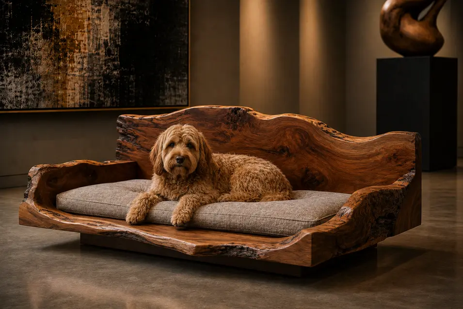 Luxury live-edge walnut dog bed with organic natural wood, a plush taupe cushion and handcrafted rustic elegance in a gallery-inspired setting.