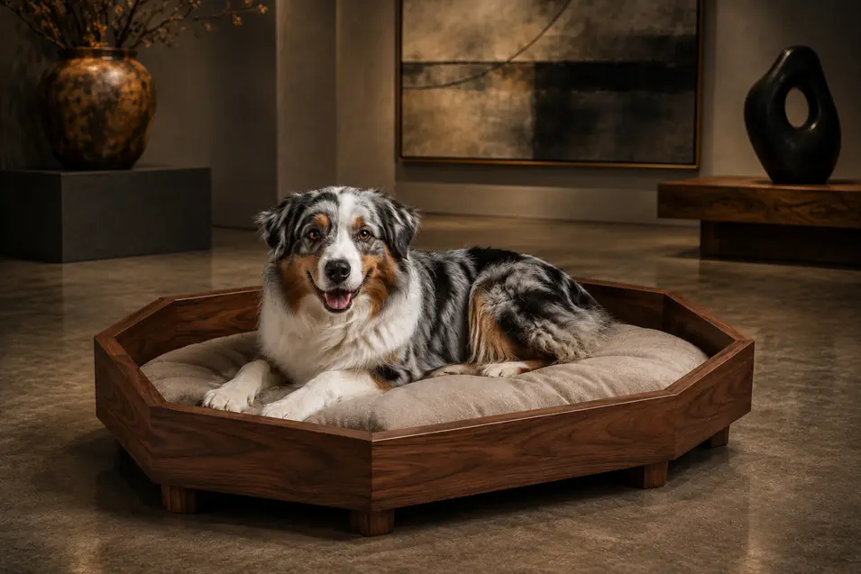 Luxury octagonal walnut dog bed with a plush taupe cushion, blending geometric design, fine craftsmanship and modern gallery-inspired elegance.