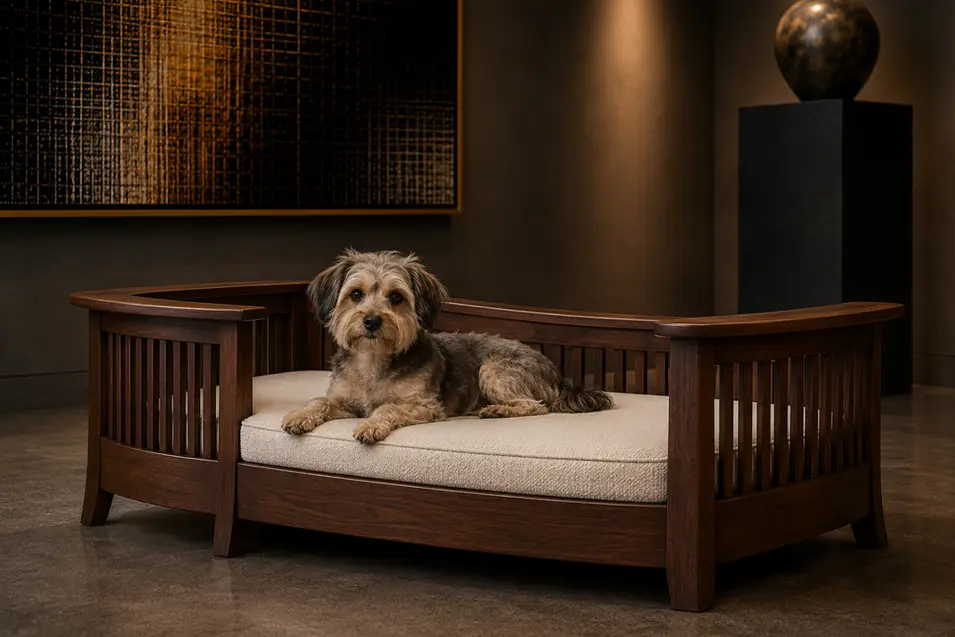 Luxury Craftsman-style walnut dog bed with graceful curved arms, vertical slats and a plush cream cushion for timeless handcrafted elegance.