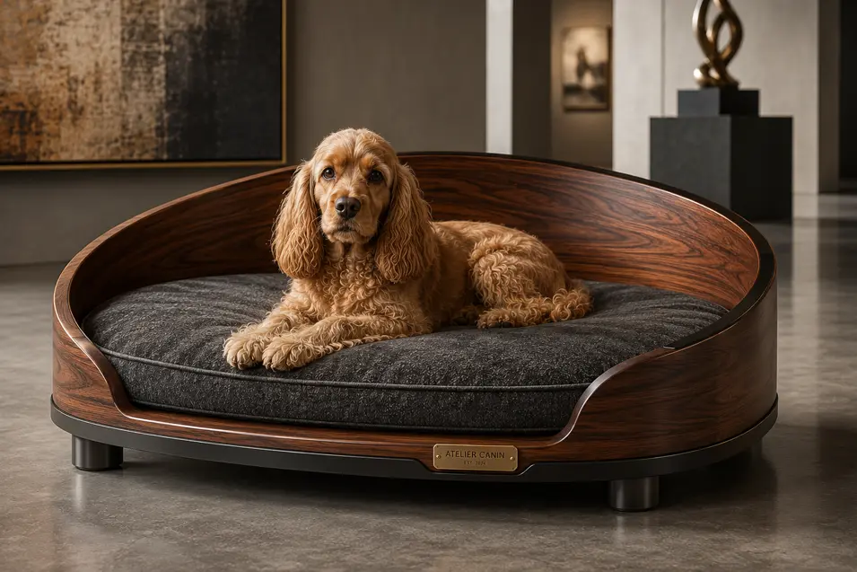 Luxury curved walnut dog bed with a plush charcoal cushion, blending contemporary design, premium craftsmanship and gallery-inspired elegance.
