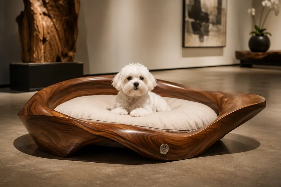 Luxury sculptural walnut dog bed with a plush cream cushion, blending modern craftsmanship and elegance in a gallery-inspired setting.