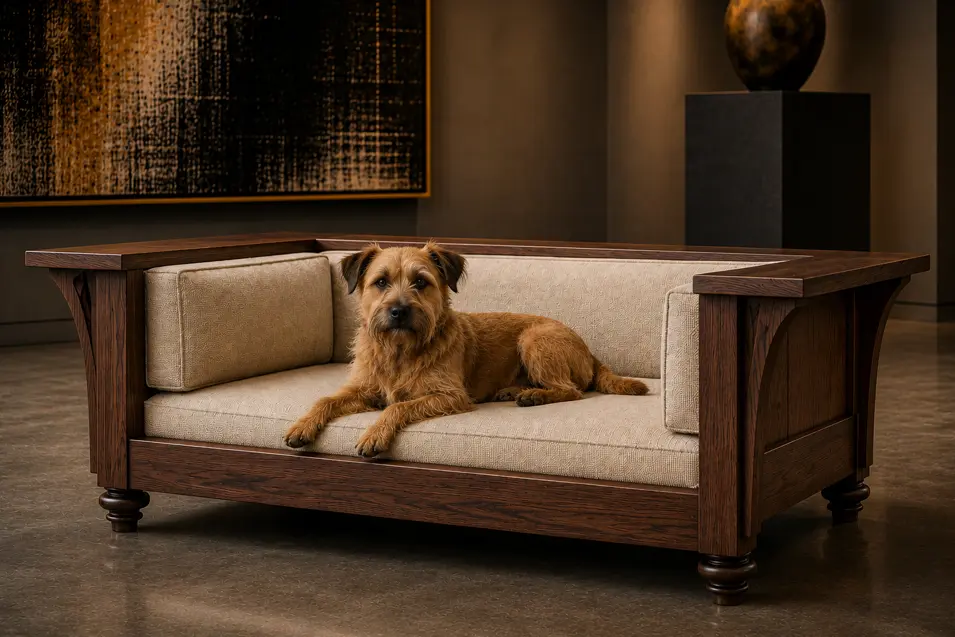 Luxury dark walnut dog bed with plush cream cushions, blending Craftsman-inspired woodworking and modern elegance in a gallery-style interior.