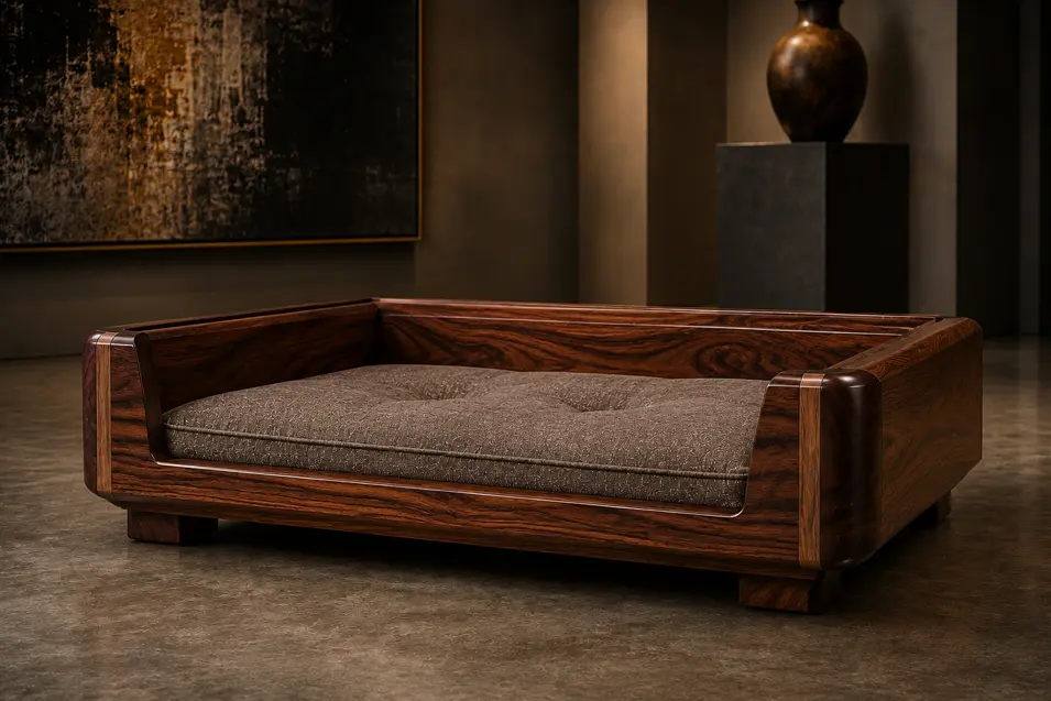 Luxury handcrafted walnut dog bed with sculpted corners, a plush taupe cushion and timeless modern design in a sophisticated gallery-inspired setting.