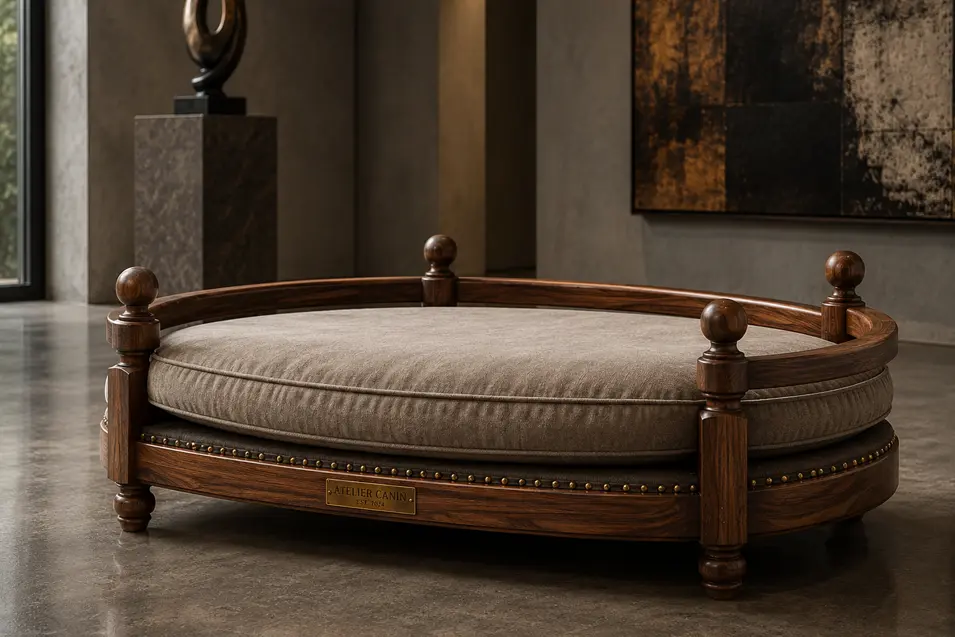 Luxury round walnut dog bed with turned posts, a plush taupe cushion and timeless handcrafted elegance in a sophisticated gallery-inspired setting.