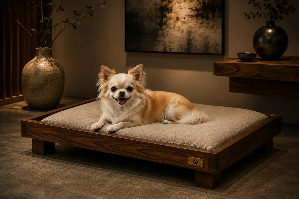 Minimalist walnut platform dog bed with a plush cream cushion, combining modern craftsmanship and timeless elegance in a sophisticated gallery-inspired space.