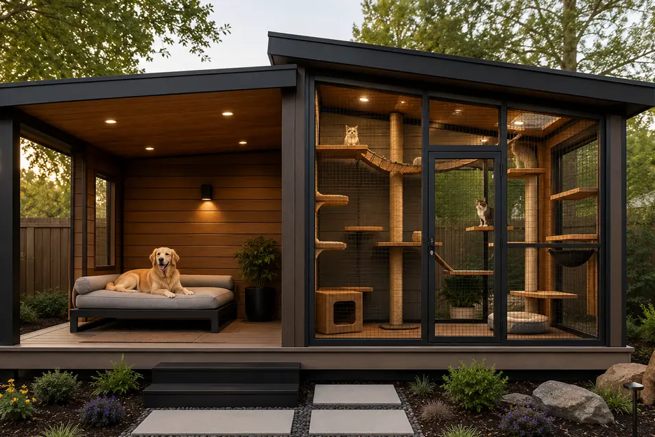 Modern split-level pet retreat featuring a covered dog lounge with orthopedic bed and a luxury enclosed catio filled with climbing shelves and perches.