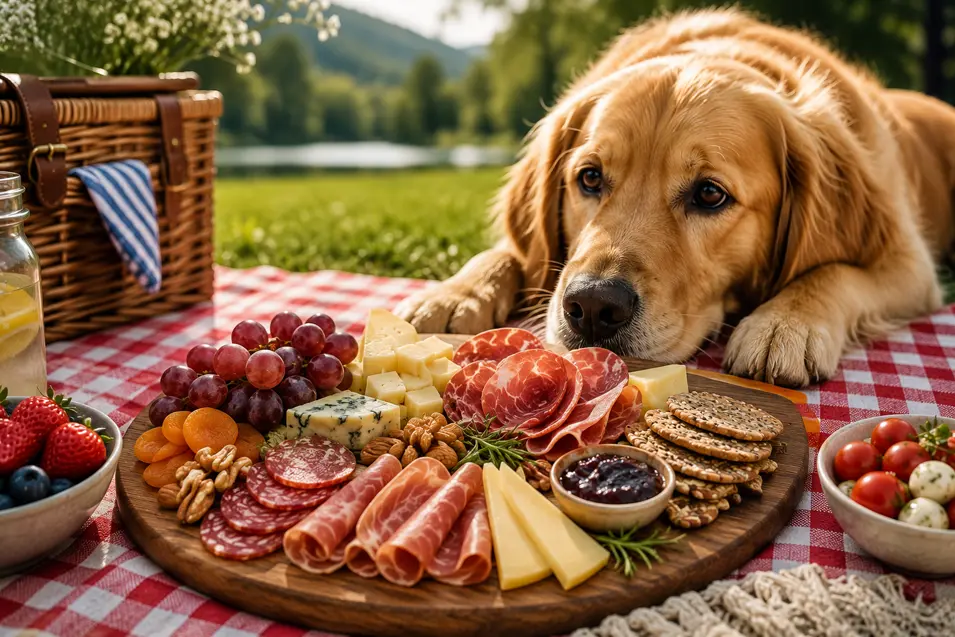 Golden Retriever watches a charcuterie board at a sunny picnic, surrounded by meats, cheeses, fruit, and crackers in a beautiful outdoor setting.