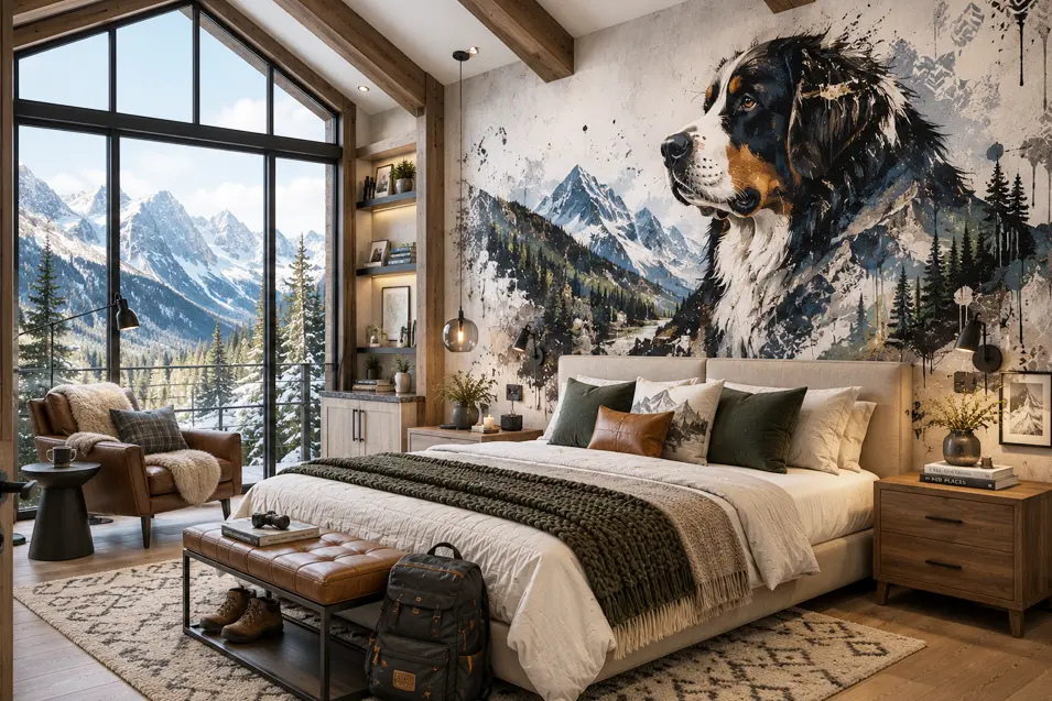 Mountain lodge bedroom featuring a Bernese Mountain Dog mural, warm wood finishes, alpine views, and cozy rustic décor inspired by the Canadian Rockies.